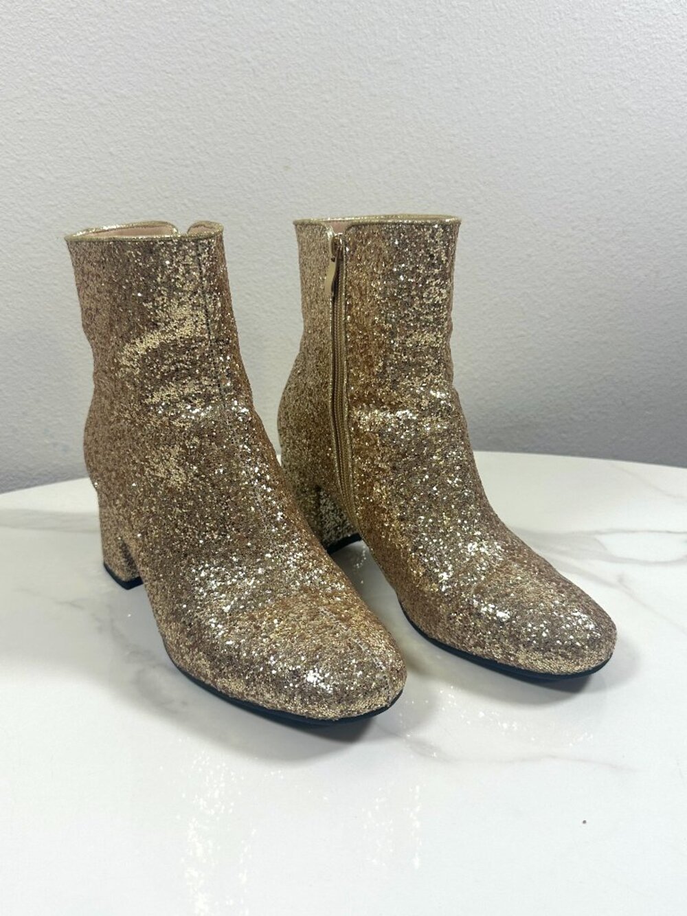 Gold Glitter Ankle Booties – Sparkly Metallic Block Heel